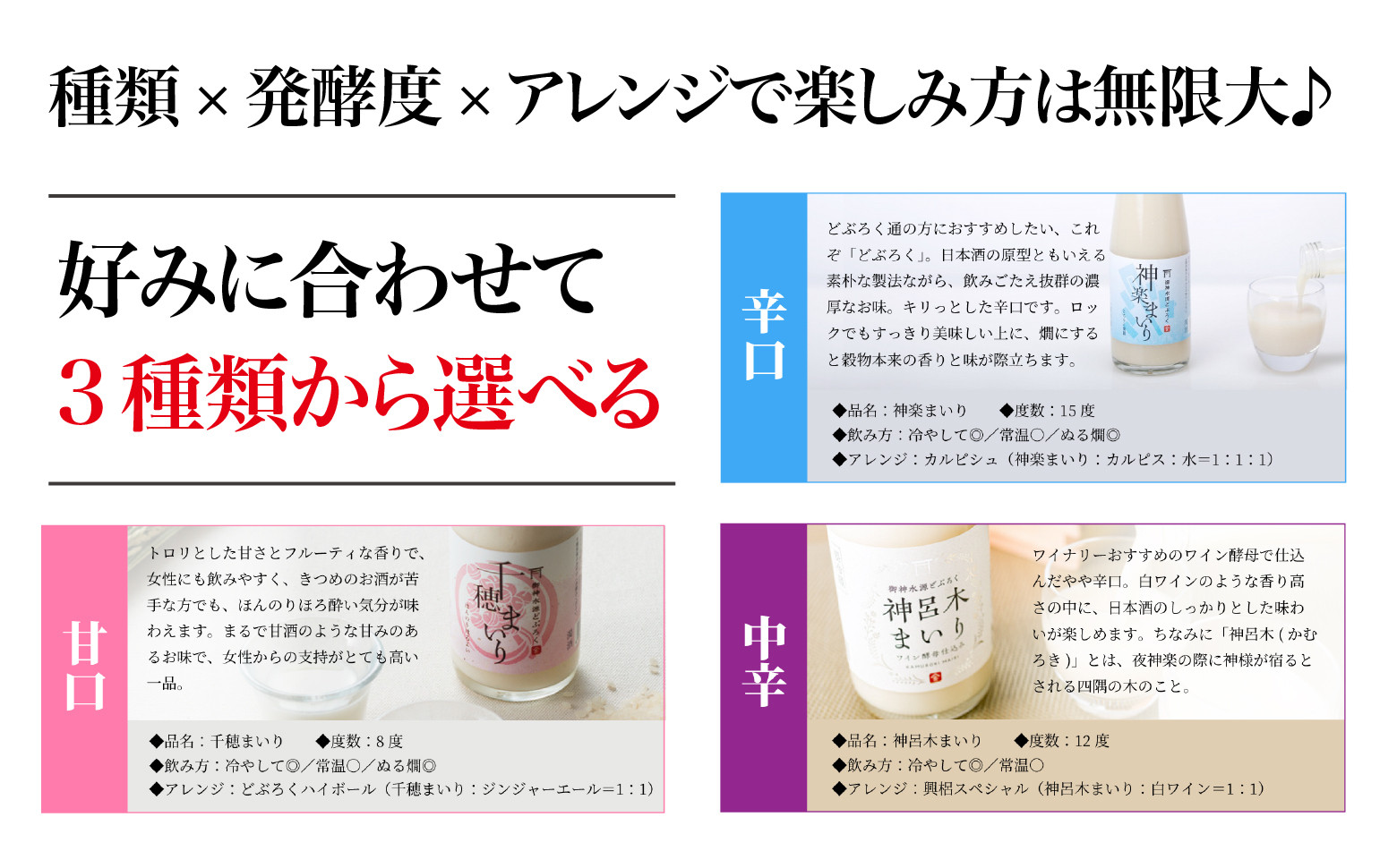 高千穂の湧水と米を使用。火入れをしない生どぶろく！3種類の味からお選びください。