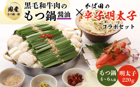 【もつ鍋一藤×かば田】国産黒毛和牛肉のもつ鍋醤油(4～6人前)とかば田の辛子明太子とのコラボセット_もつ鍋 明太子 セット 辛子明太子 もつ 詰合せ 贈答 ギフト プレゼント 国産 福岡 黒毛和牛 博多明太子 一藤 かばた_【配送不可地域：離島】【1116426】