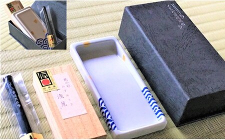 吉田陶芸 プチ硯セット 波千鳥の硯/水浅葱の彩墨 有田焼 | 40000円 4万円 | db002