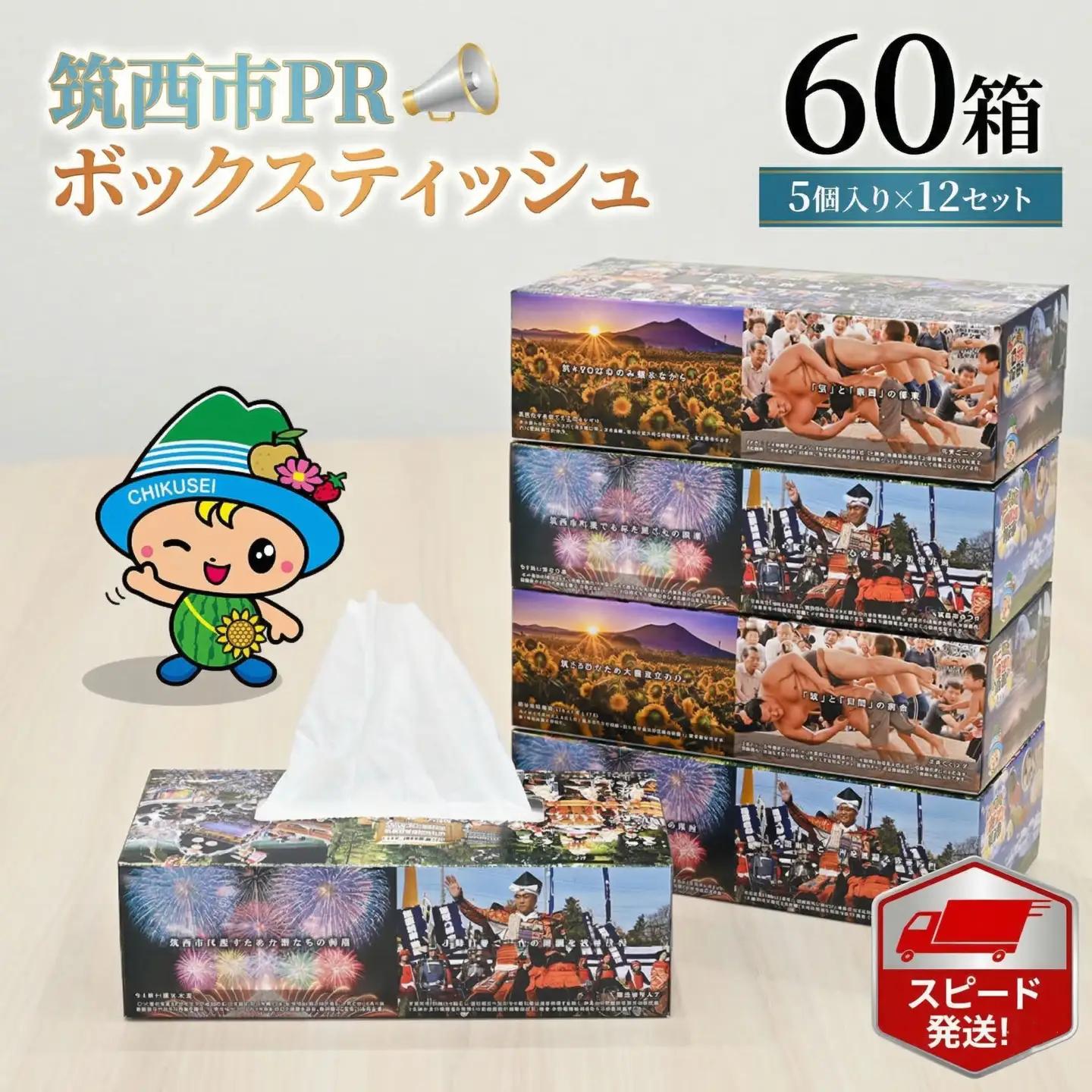 スピード発送!! 筑西市PR ボックスティッシュ 60箱 ( 5個入り × 12セット ) [EN001ci]