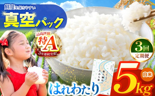 鮮度を保ちやすい 真空パック ！【 3回定期便 】はれわたり 白米5kg | 米 おこめ お米 こめ コメ ごはん ご飯 白飯 ゴハン 白米 精米 特産 ブランド米 ライス 2025年産 令和7年度産 仕送り 国産 産地直送 定期便 定期  青森の旨い米グランプリ もっちり 甘み グランプリ 最優秀賞 獲得 水稲 宝精米所 青森県 六戸町
