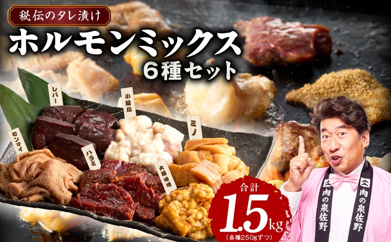 
                  ホルモンミックス 6種セット 合計 1.5kg 秘伝のタレ漬け【食べ比べ 250g×6種 小分け 焼肉 牛肉 ハラミ ミノ センマイ レバー 小腸 大腸 】
                