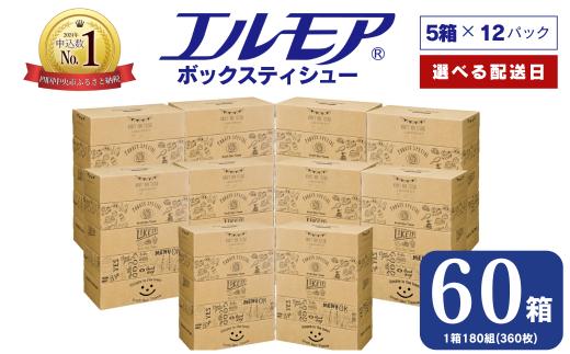 【指定日配送】エルモア ティシュー 60箱 そのまま飾れる 5個ポリ×12パック ティッシュ ティッシュペーパー ボックスティッシュ Kazaru×Krafty ラインアート 日用品 消耗品 備蓄 防