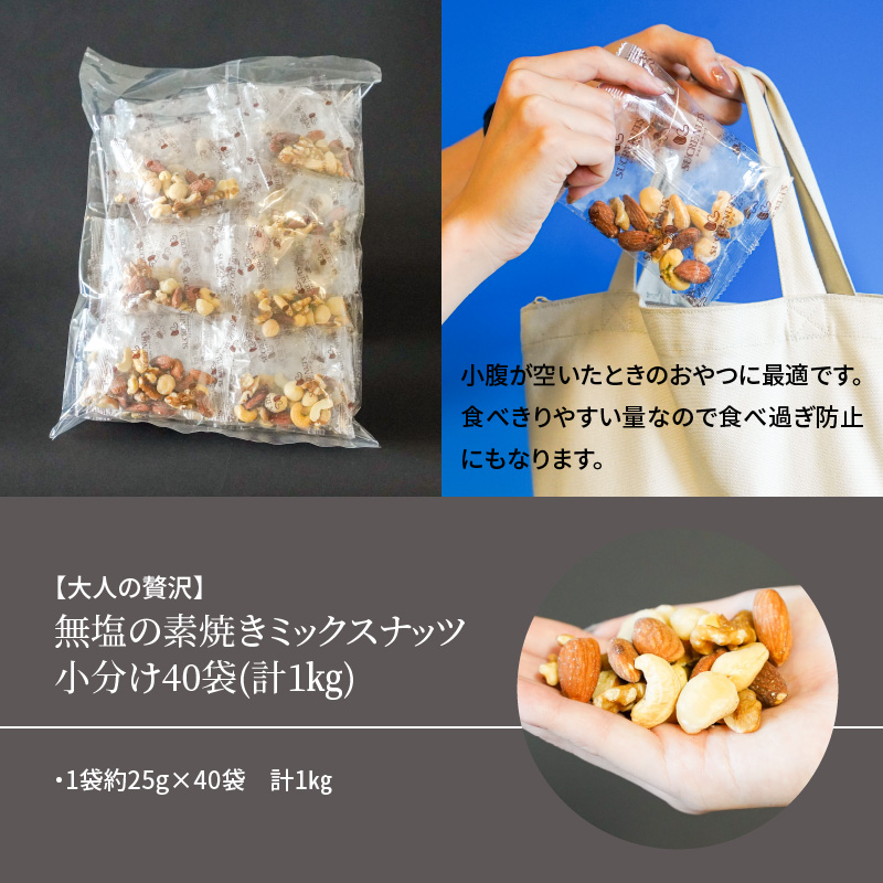 【1年定期便 隔月6回】無塩の素焼きミックスナッツ　小分け40袋(計1kg)  アーモンド カシューナッツ くるみ 直火焙煎 栄養豊富 おつまみ おやつ 大満足  美容 健康 人気 高リピート　H05