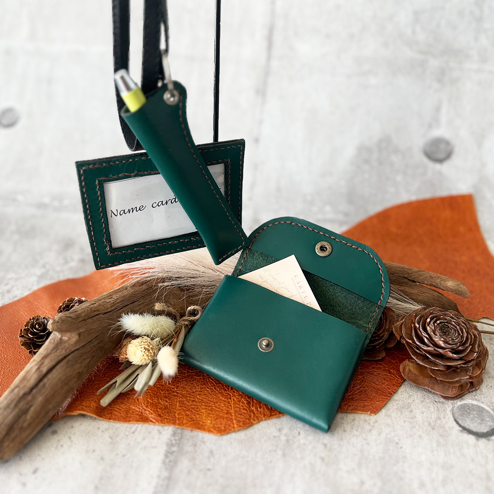 レザー3点セット グリーン (ネームフォルダー,ペンフォルダー,カードケース)｜名刺入れ 文房用品 事務用品 ビジネス 手作り [0186]