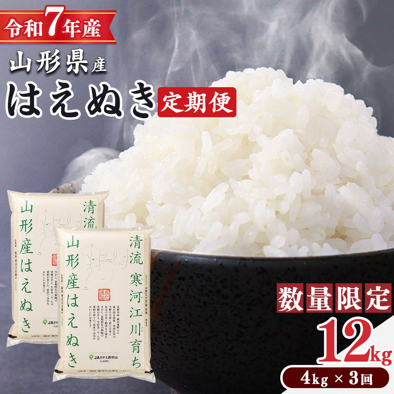 ＜2026年7月下旬開始＞【令和7年産 定期便】 はえぬき計12kg！お米 定期便（4kg×3回）清流寒河江川育ち 山形産はえぬき 2025年産　027-C-JA055-202607下
