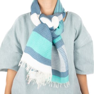 44‐14【播州織ダブルフェイスブロックコットンストール】LAGOON.TURQUOISE