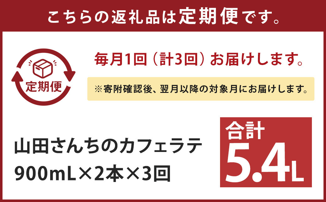 【3ヶ月定期便】山田さんちのカフェラテ 2本セット 900ml×2本 計3回 合計5.4L ノンホモ牛乳 牛乳 カフェラテ