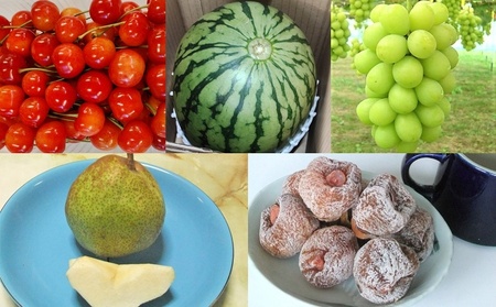 【定期便：全５回】農園一押しのフルーツセット（さくらんぼ・小玉すいか・シャインマスカット・ラフランス・紅干し柿）　3000-2601