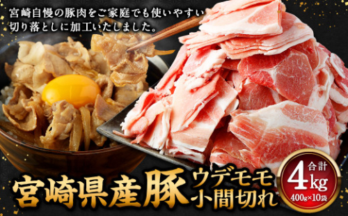 ＜宮崎県産豚 ウデモモ 小間切れ 400g×10袋＞【入金確認後、翌月末迄に順次出荷】 計4kg 豚肉 肉 ウデ モモ もも肉 うで肉 国産 小分け 新生活応援 卒業祝い 就職祝い 入学 卒業 お花見 引越し