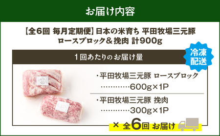 【 全6回 毎月 定期便 】 日本 の 米育ち 平田牧場 三元豚ロース ブロック 600g ・ 三元豚挽肉 300g T036-T13-02 定期 肉 お肉 にく 豚 豚肉 ブタ ぶた 三元豚 とんか