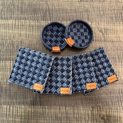 ふるさと納税 福山市 デニム加工職人の手仕事から生まれた【コースター(4枚)&amp;ミニトレイ(2個)セット】(市松)