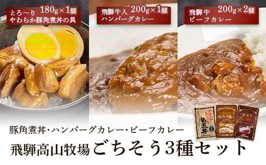 【セット】飛騨牛入ハンバーグカレー1個・飛騨牛ビーフカレー2個・とろーりやわらか豚角煮丼の具1個
