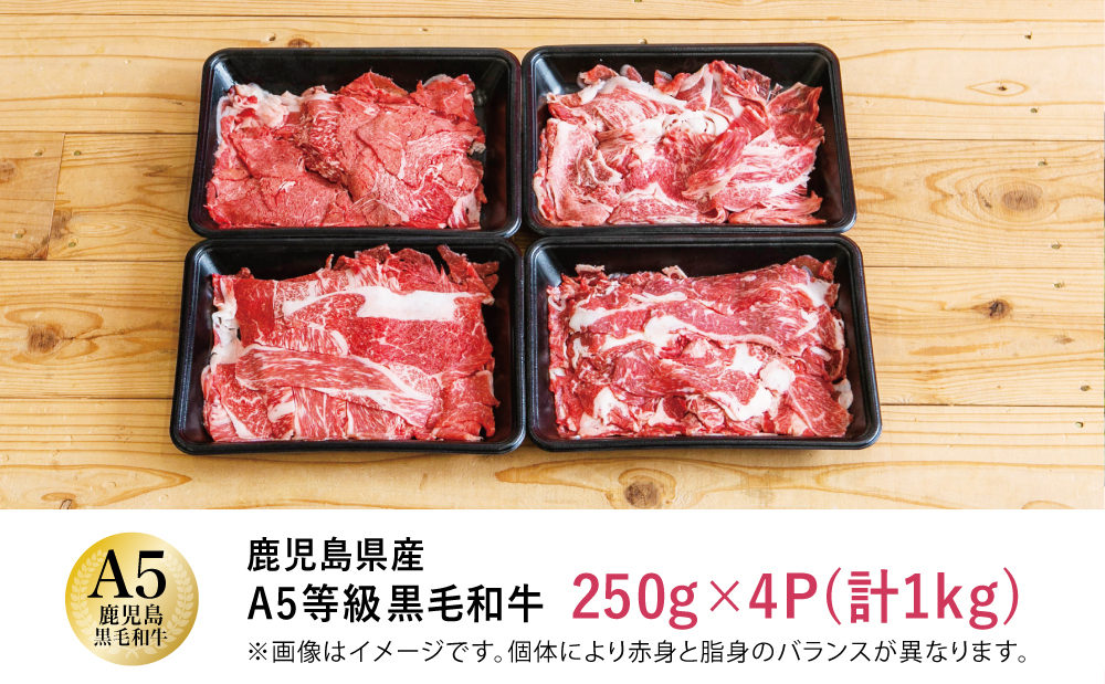 【鹿児島県産】A5等級黒毛和牛切落し 計1kg（250g×4P） 国産牛 牛肉 国産 おかず カレー 牛丼 肉じゃが カミチク 切り落とし 小分けパック 冷凍