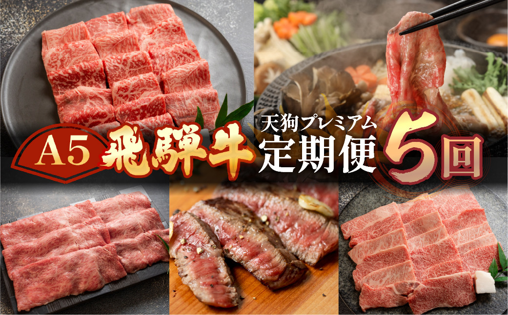 
                  【定期便5回】A5 飛騨牛 天狗 牛肉 (ステーキ / すき焼き / 焼肉 / サーロイン /イチボ ランプ /カルビ ) お楽しみ 肉 定期便 下呂温泉 おすすめ 赤身 霜降り 希少部位 もも すきやき 食べ比べ 高級牛肉 焼き肉
                