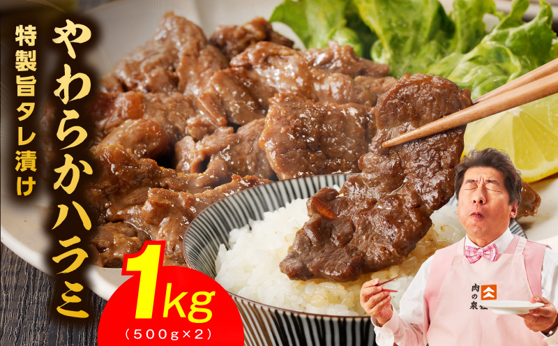 【スピード発送】やわらかハラミ 1kg【氷温熟成×特製旨ダレ 味付き 訳あり サイズ不揃い 500g×2P 小分け 焼くだけ 焼肉 大阪 泉佐野 大阪府 泉佐野市】