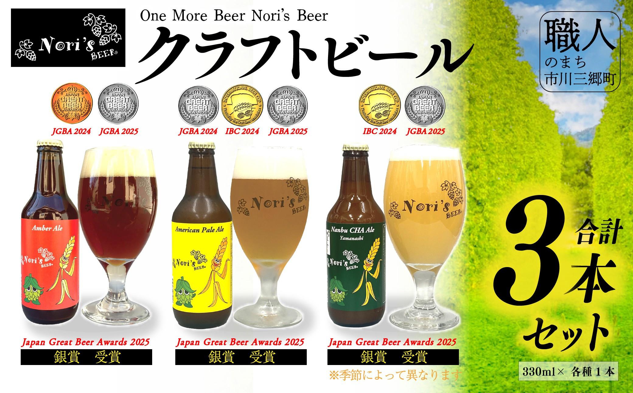 
山梨県産　地ビール　Nori`s Beer　クラフトビール3本セット　ビール　麦酒[5839-1928]
