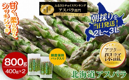 
                  【2027年先行予約】露地物朝採りアスパラ 2L～3Lサイズ800g（400g×2）鮮度保持フィルム入り（5月中旬発送開始予定）【 アスパラ アスパラガス 朝採り とれたて 野菜 旬 小分け 保存 産直 産地直送 お取り寄せ 旭川市 北海道 】_01593
                
