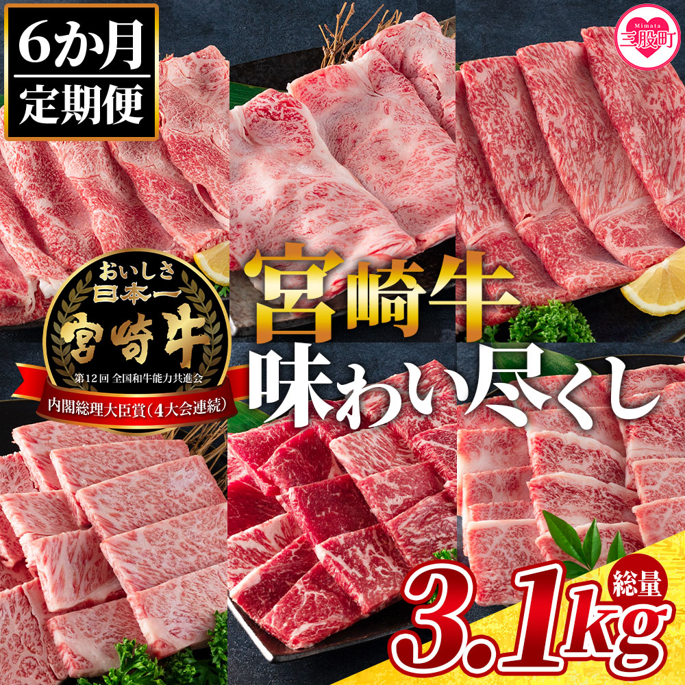 ＜【6ヶ月定期便】総重量3.1kgの宮崎牛味わい尽くし＞すき焼き、しゃぶしゃぶ、焼肉など【MI076-my】【ミヤチク】