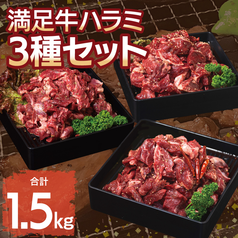 【満足牛ハラミ】3種セット （甘辛タレ漬け・中辛タレ漬け・オリジナルスパイス仕込み） 合計1.5kg 【味付け ハラミ 小分け 焼くだけ 簡単調理 BBQ 牛肉 250g×6P】 015B500