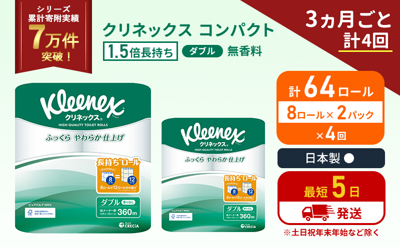 定期便 トイレットペーパー ダブル 1.5 倍巻き 8ロール入×2パック クリネックス コンパクト 無香料《3ヶ月ごと計4回》 トイレット ペーパー 節約 日用品 日用雑貨 備蓄 備蓄品 備蓄用 防災 防災グッズ 倍巻 宮城 宮城県 岩沼市