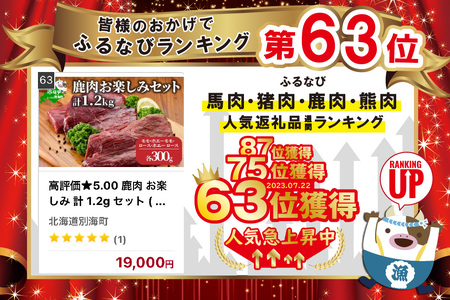 高評価★5.00 鹿肉 お楽しみ 計 1.2g セット ( モモ300g ホエーモモ300g ロース300g ホエーモモ300g ) ジビエ 北海道 be081-019a018（ 鹿肉 北海道産鹿肉 