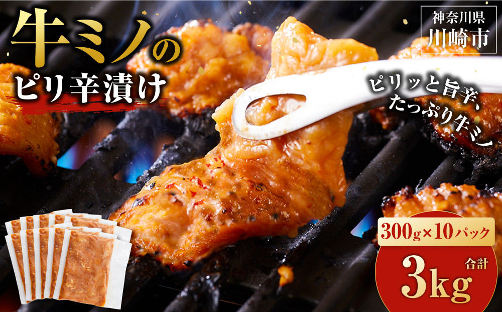 牛ミノ ピリ辛漬け 3kg ( 300g × 10パック ) 小分け 個包装 便利 牛肉 ホルモン ミノ 焼肉 焼き肉 お肉 肉 焼くだけ 冷凍 たれ 味付き BBQ アウトドア キャンプ 人気 おすすめ 神奈川 川崎【2026年7月発送】 141305_KZ17VC07