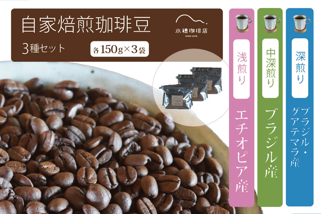 
            「水穂珈琲店」の自家焙煎コーヒー豆 3種のセット「深煎りブレンド」「エチオピア（浅煎り）」「ブラジル（中深煎り）」各150g×3袋/6袋【長野県信濃町ふるさと納税】
          