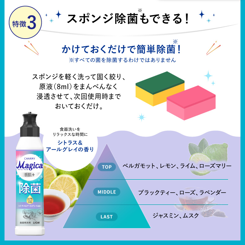 CHARMY Magica 手肌＋（プラス）除菌 シトラス＆アールグレイの香り つめかえ用650ml×6個 チャーミーマジカ マジカ ライオン LION 食器用洗剤 台所用洗剤 キッチン洗剤 食器洗剤