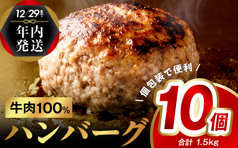 【年内発送】牛肉100％ ハンバーグ 10個（8個+2個）合計 1.5kg 無添加 個包装 G973y