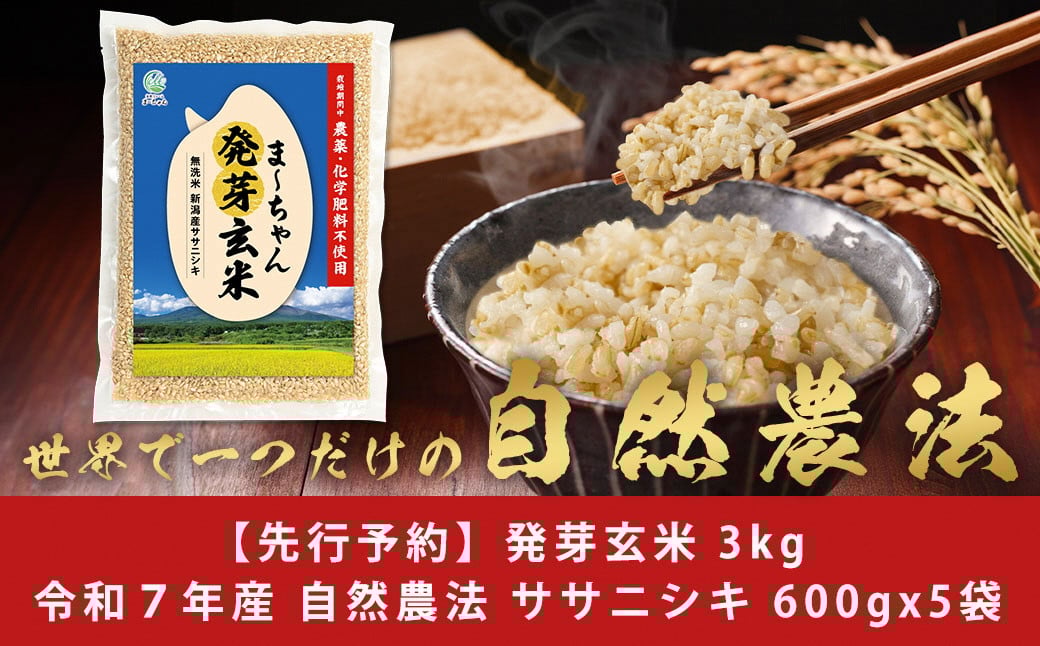
            先行予約 自然農法 発芽玄米 無農薬 無肥料 ササニシキ 3kg(600gx5袋)  無洗米 天然水素水使用でおいしさ激増 新潟産 【010S483】
          