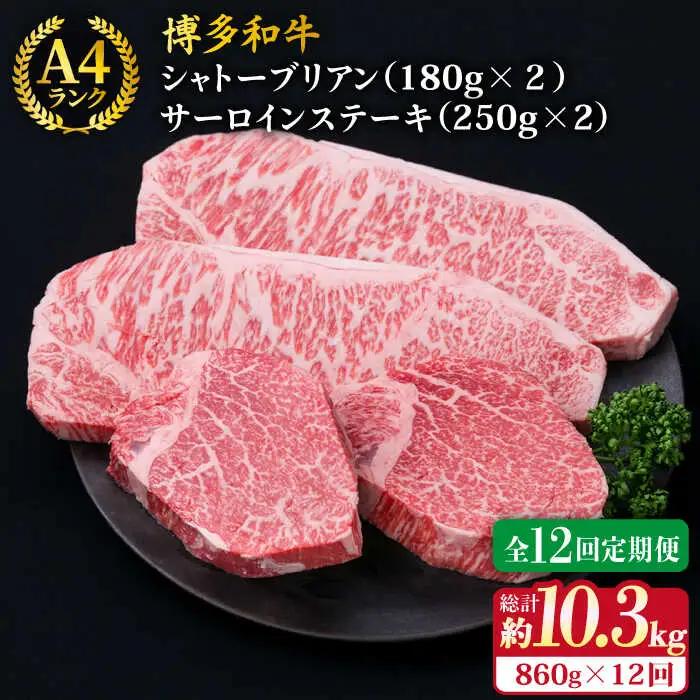 【全12回定期便】【極厚ステーキ】シャトーブリアン 約180g×2枚 サーロインステーキ 約250g×2枚 合計4枚 博多和牛 A4ランク 和牛 ヒレ 糸島市/糸島ミートデリ工房[ACA179]