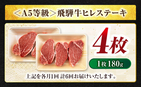 【6回定期便】飛騨牛ヒレステーキ180g×4枚 計720g 総計4.32kg【マルゴー】A5 赤身 鉄板焼き 希少部位[MBE048]