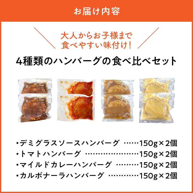 ハンバーグ食べ比べ4種8個セット（デミグラス・トマト・カレー・カルボナーラ） KP0407