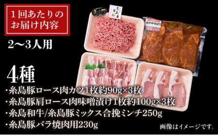 【全3回定期便】毎日のメインのおかずを彩る精肉セット 1,050g 2~3人前 4種《糸島》【糸島ミートデリ工房】[ACA201] 豚肉 博多和牛 牛肉 BBQ トンカツ 焼肉 ハンバーグ 味噌 ミン
