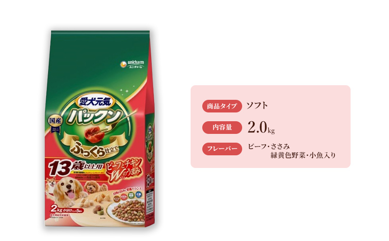 
愛犬元気パックン 13歳以上用 ビーフ・ささみ・緑黄色野菜・小魚入り 2.0kg×4袋 [№5275-0489]
