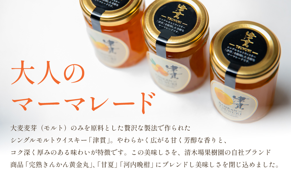 【清木場果樹園】柑橘マーマレード 3種セット シングルモルト津貫 ウイスキー使用 金柑 甘夏 河内晩柑 ジャム パンやヨーグルトに フルーツ アソート 3本 瓶入り プレゼント ギフト 贈答用 贈り物