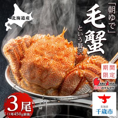 ふるさと納税 千歳市 北海道産【朝ゆで】毛ガニ(450g前後)3尾 期間限定!≪かにのマルマサ≫
