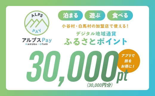小谷村・白馬村 デジタル地域通貨「アルプスPay」 ふるさとポイント30,000pt（30,000円分） アルプスペイ 地域限定通貨 電子決済 キャッシュレス 飲食 宿泊 体験 電子通貨 長野県 北アルプス