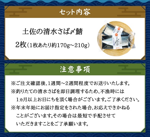 獲れたて土佐の清水さば 〆鯖2枚セット（ブランドゴマサバ・1枚あたり約170g～210g）刺身 フィレ 切り身 骨なし さば サバ シメ鯖 鯖 魚 魚介類 冷凍 高知県 土佐清水市【R00278】