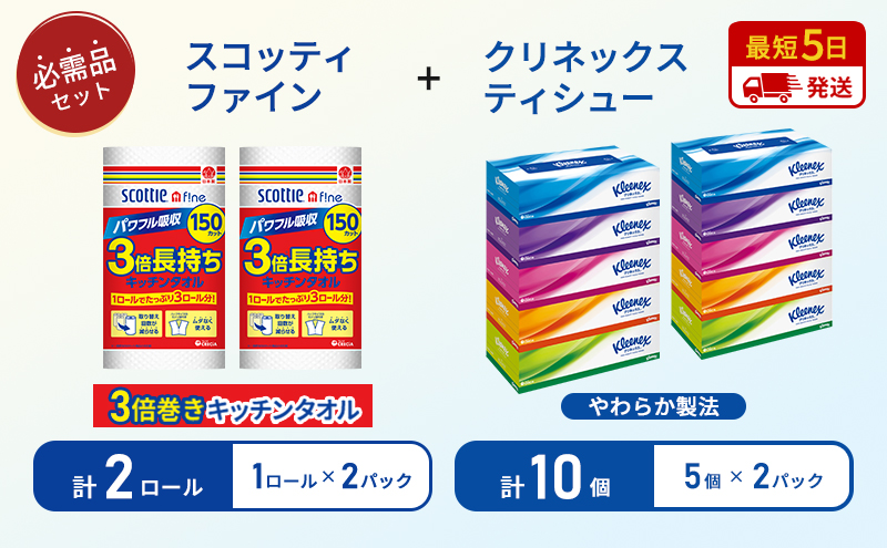 【 岩沼市オリジナル 】ティッシュ クリネックス 5箱入 × 2パック キッチンペーパー 2パック入 キッチンタオル スコッティ ファイン 1 ロール 3倍 150カット