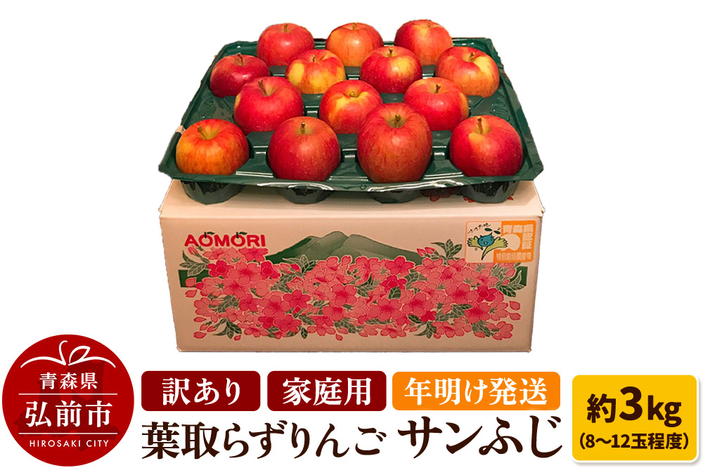 りんご 訳あり家庭用【年明け発送】葉取らず サンふじ 約3kg（8～12玉程度）青森県特別栽培農産物認証農園