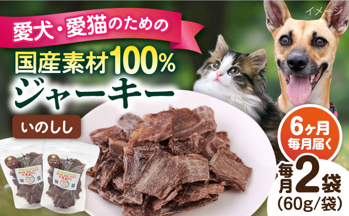 
            【全6回定期便】いのししジャーキー（60g×2袋） ペット 犬 猫 手作り 国産 てづくり こだわり ドッグフード  横須賀 【ペットフードYM japan】 [AKEX024]
          