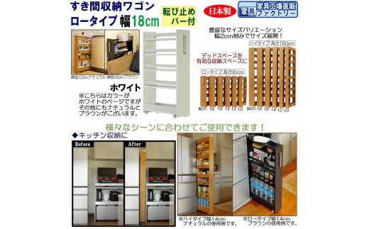 【ホワイト × 幅 18cm】すき間収納ワゴン ロータイプ 転び止めバー付き