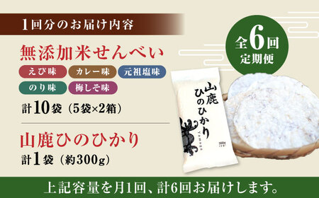 【6回定期便】【おつまみにも♪】米せんべい（えび味、カレー味、元祖塩味、のり味、梅しそ味）&amp; ヒノヒカリ【せんべい工房】[ZBQ015]