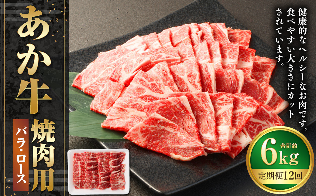 
            【12ヶ月定期便】あか牛焼き肉用カット（バラ、ロース） 約500g 計約6,000g 赤牛 あか牛 牛肉 熊本 バラ ロース カット肉 定期便 熊本県 西原村 冷凍
          