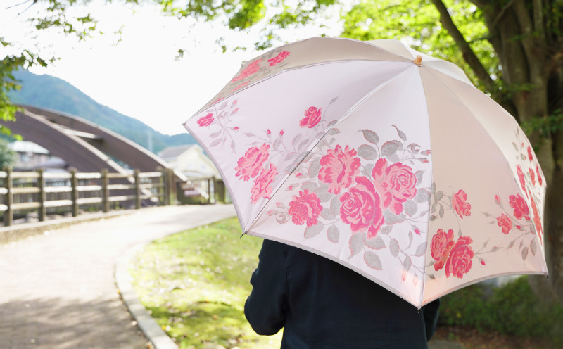 【槙田商店】晴雨兼用折りたたみ傘　絵おり　バラ　ピンク｜ 傘 かさ 雨具 高級 晴雨 兼用 UV 日焼け ギフト ファッション 日傘 プレゼント 化粧箱 老舗