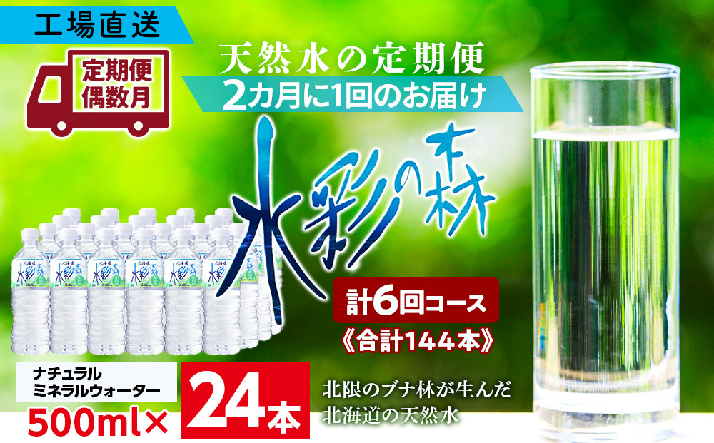 
【定期便 6回・偶数月】黒松内銘水 水彩の森 500ml×24本（1箱）北海道 ミネラルウォーター
