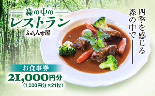 森の中のレストランふらんす屋 お食事券 21,000円分（1,000円分×21枚） ふるさと納税 食事券 チケット 森の中 レストラン テラス ドッグラン わんちゃんルーム 四季 自然 千葉県山武市 SMCB007