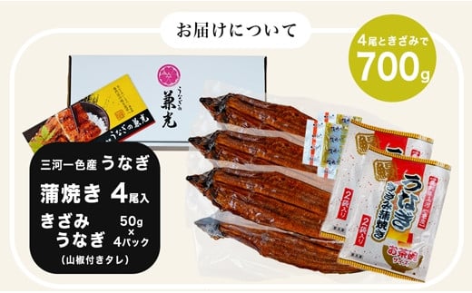 【三河 一色産】 うなぎ蒲焼き 4尾+きざみうなぎ 2袋 セット（蒲焼：4尾500ｇ、きざみ うなぎ：50ｇ×2袋） 小分け 個包装 国産 蒲焼 タレ付き うなぎの兼光 うなぎ 鰻 ウナギ たれ セッ